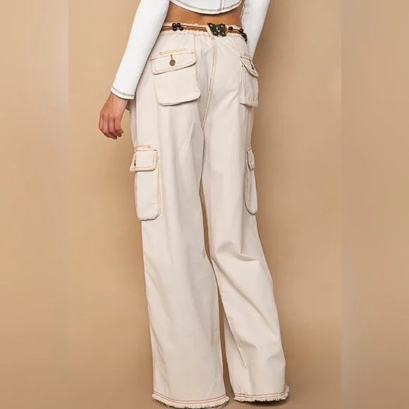 POL Almond Cream Slouchy Cargo Pocket Wide Leg Elastic Waist Paints - Picture 3 of 3